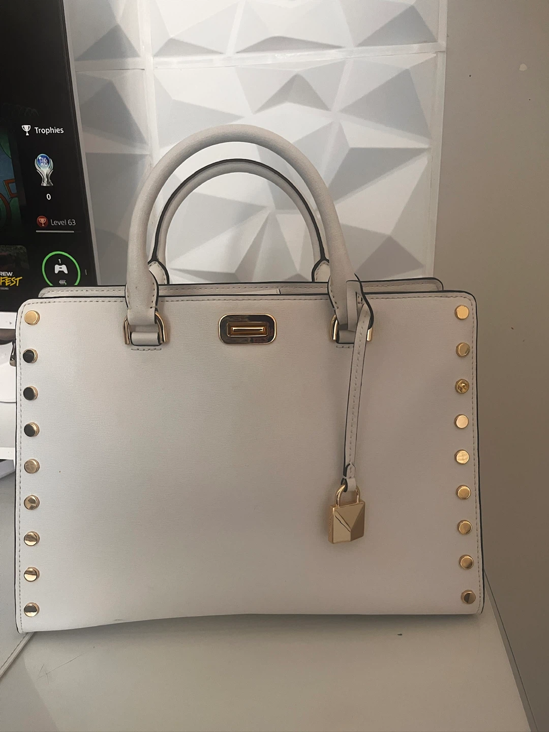 Michael Kors White Leather Studded Satchel Handbag