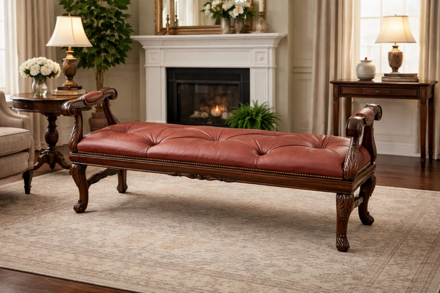 VTG Whittemore-Cherrill Mahogany, Genuine Leather Bench
