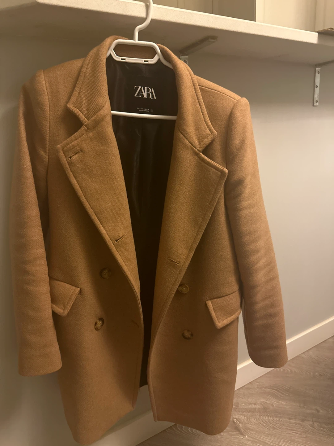 ZARA Camel Double-Breasted Wool Blend Coat