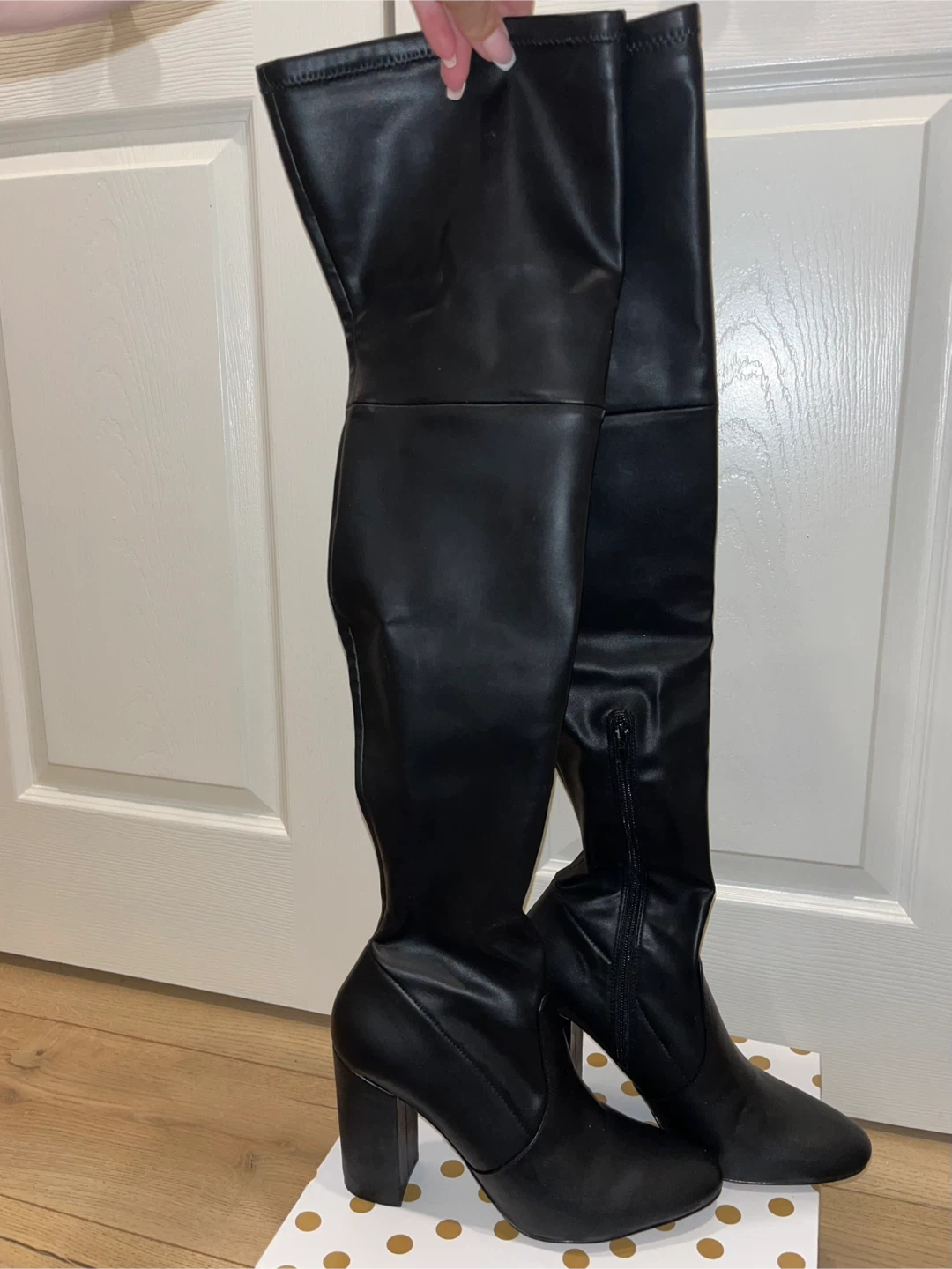 Like New! Black Faux Leather Thigh High Heels - photo 2