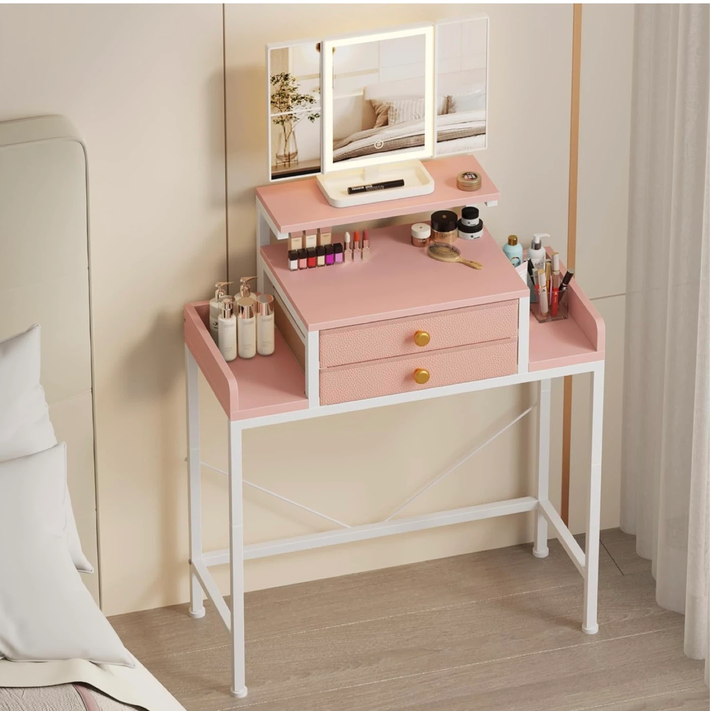 Pink Vanity Desk with Lighted 3-Fold Mirror