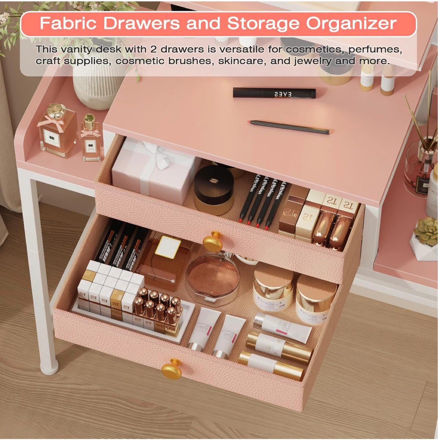 Pink Vanity Desk with Lighted 3-Fold Mirror - photo 5