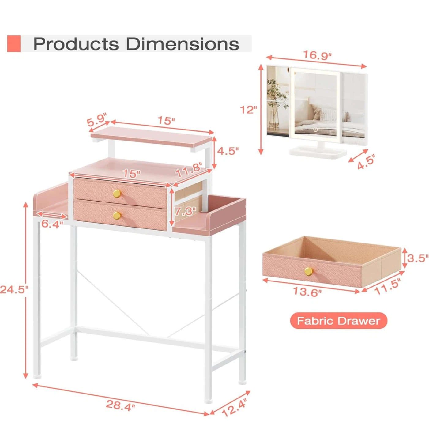 Pink Vanity Desk with Lighted 3-Fold Mirror - photo 2