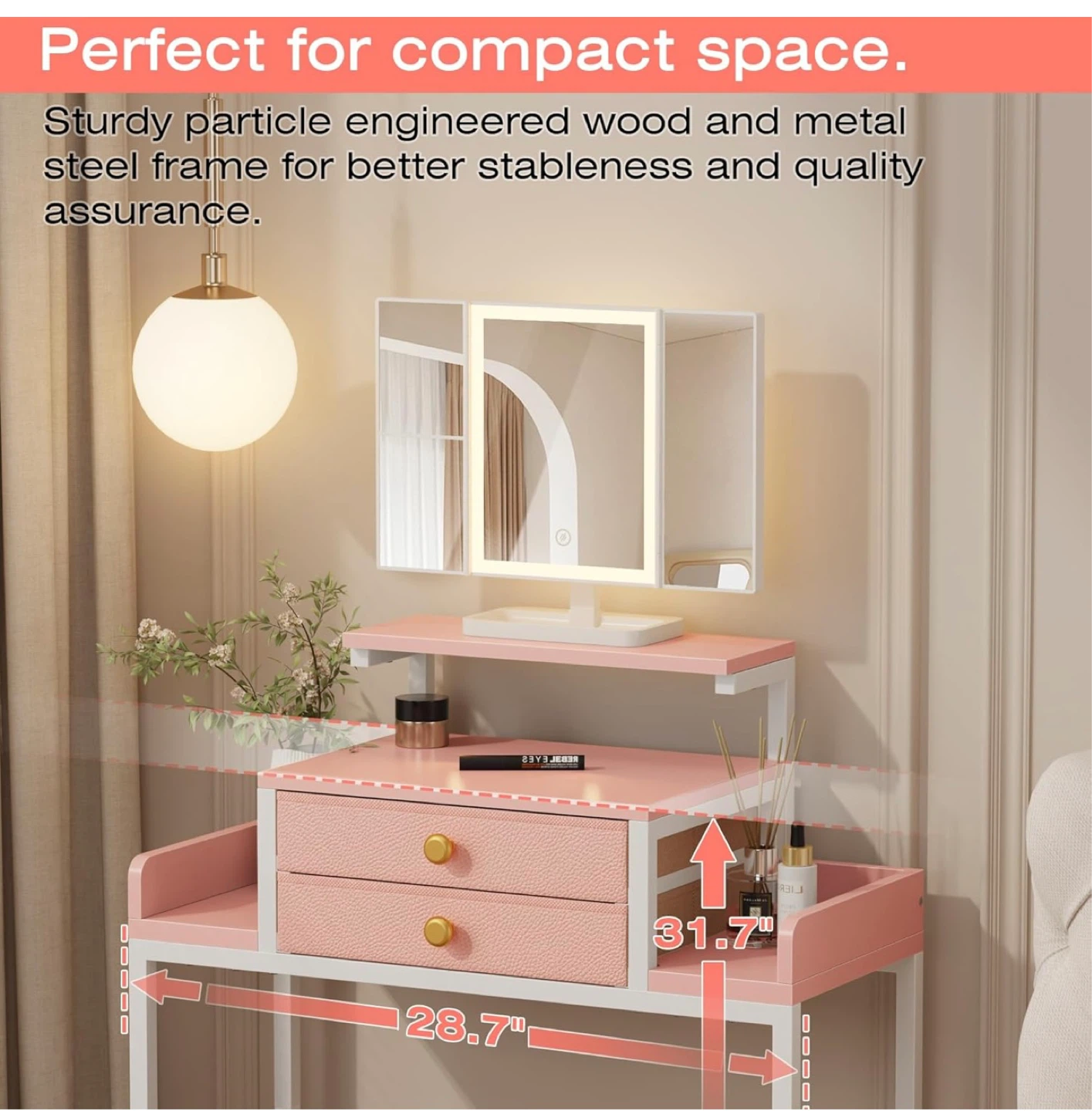 Pink Vanity Desk with Lighted 3-Fold Mirror - photo 4