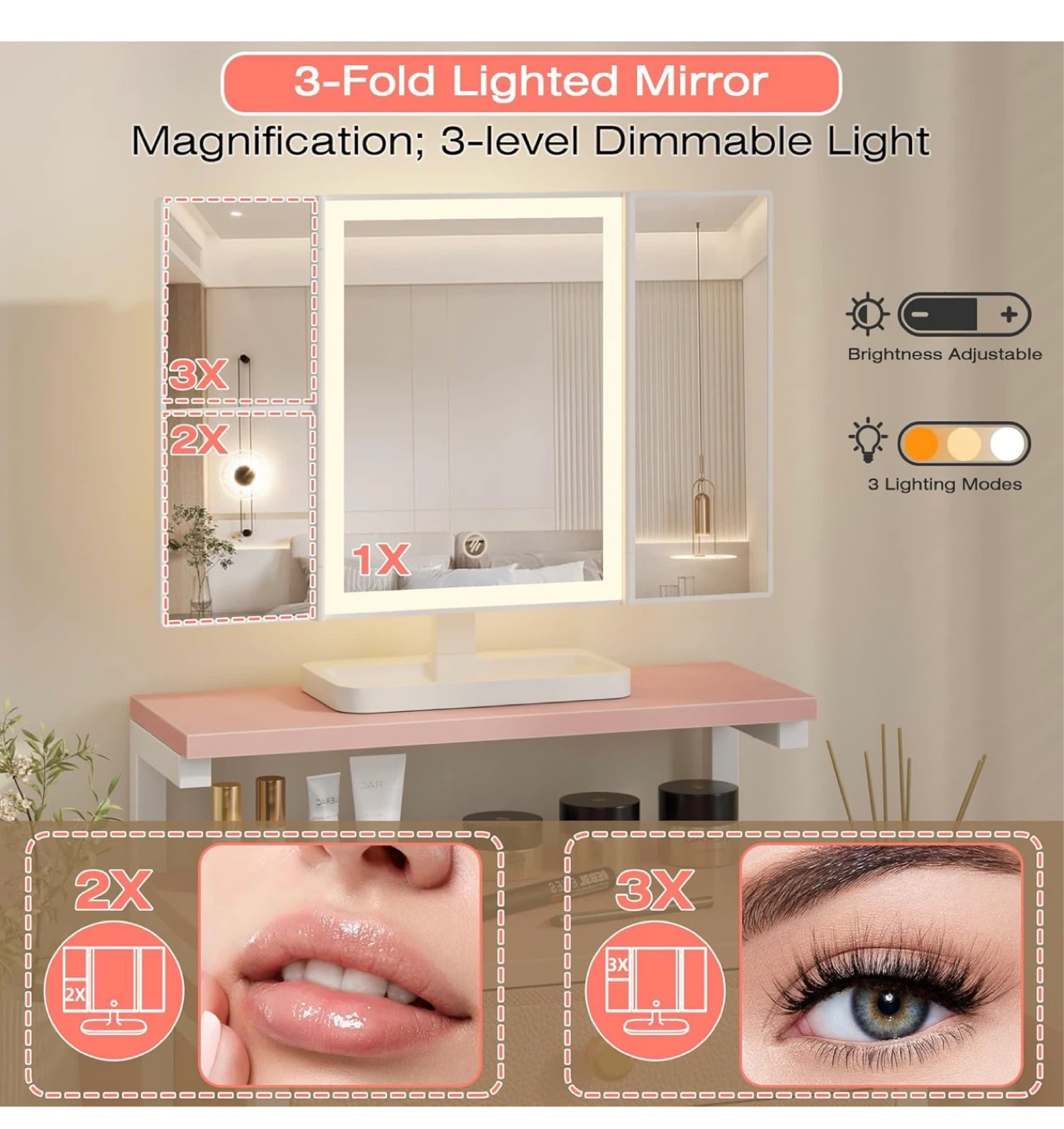 Pink Vanity Desk with Lighted 3-Fold Mirror - photo 3