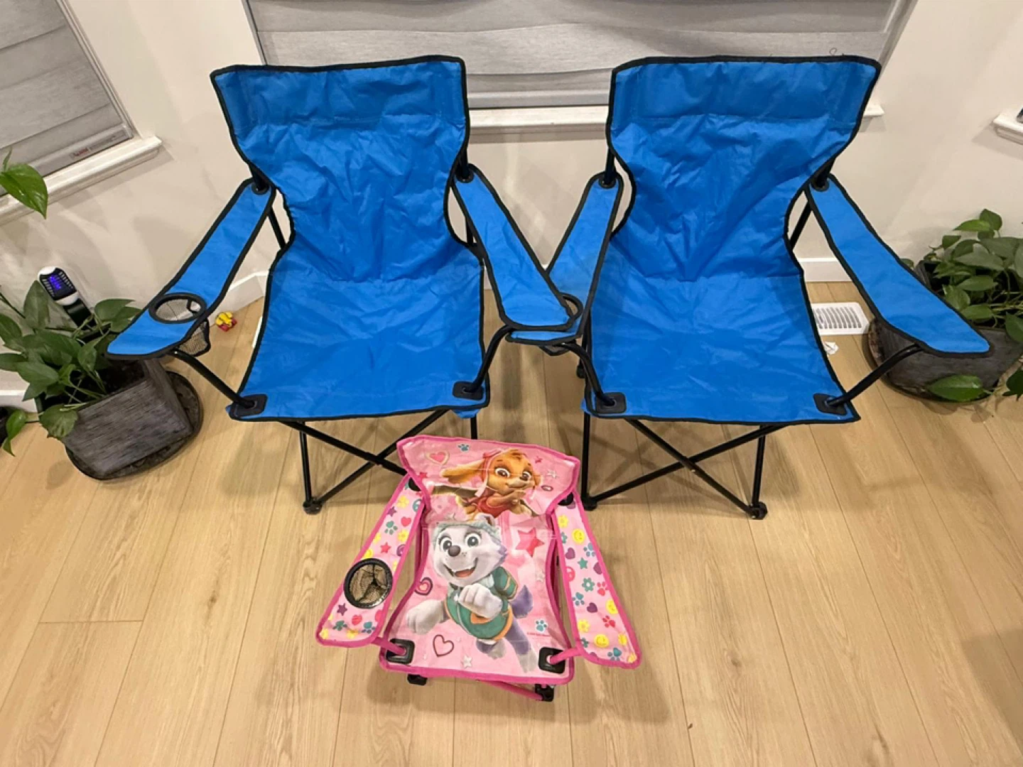 2 Blue Camping Chairs & 1 Paw Patrol Kids Chair