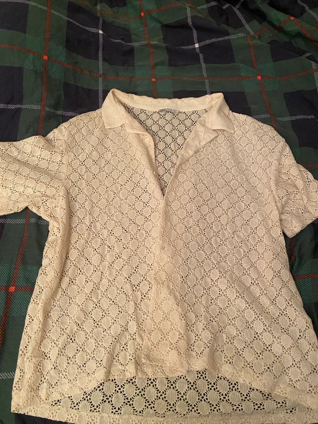 ZARA Cream Crochet Button-Up Shirt  L