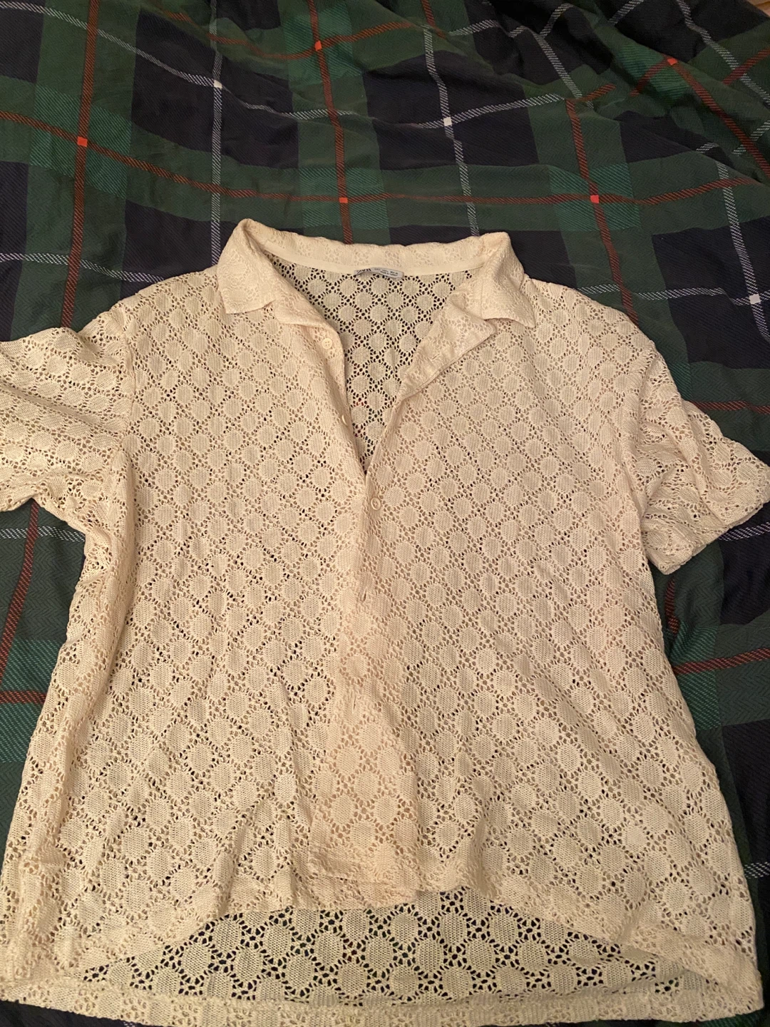 ZARA Cream Crochet Button-Up Shirt  L - photo 4