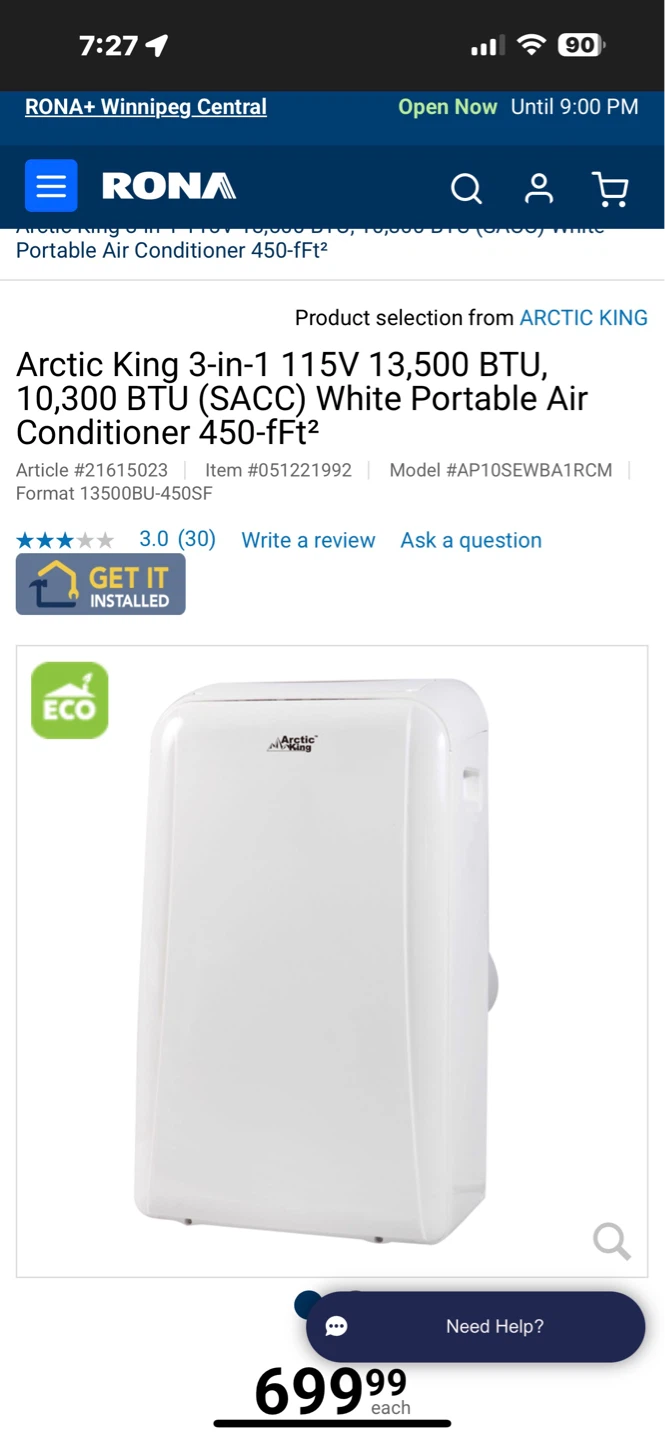 Arctic King Portable Air Conditioner 13,500 BTU