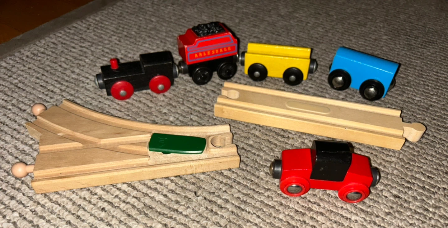 Wooden Toy Train and Track Pieces