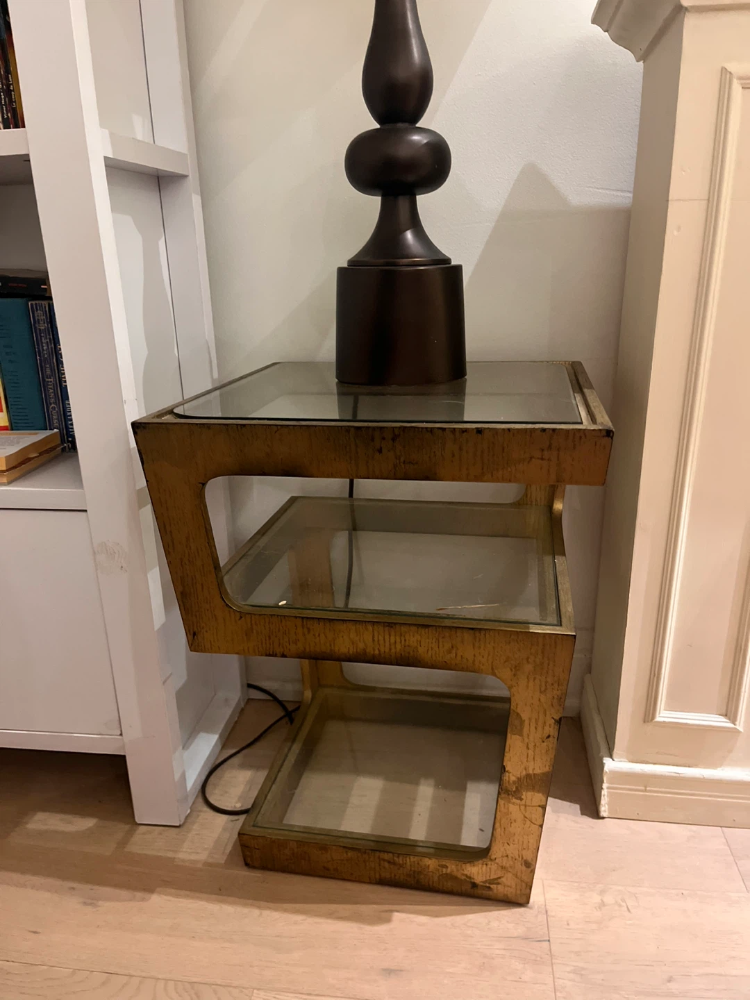 2 Gold Tone 3-Tier Side Tables with Glass Tops