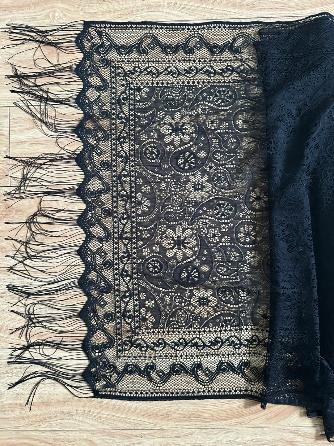 Black Lace Scarf with Fringe