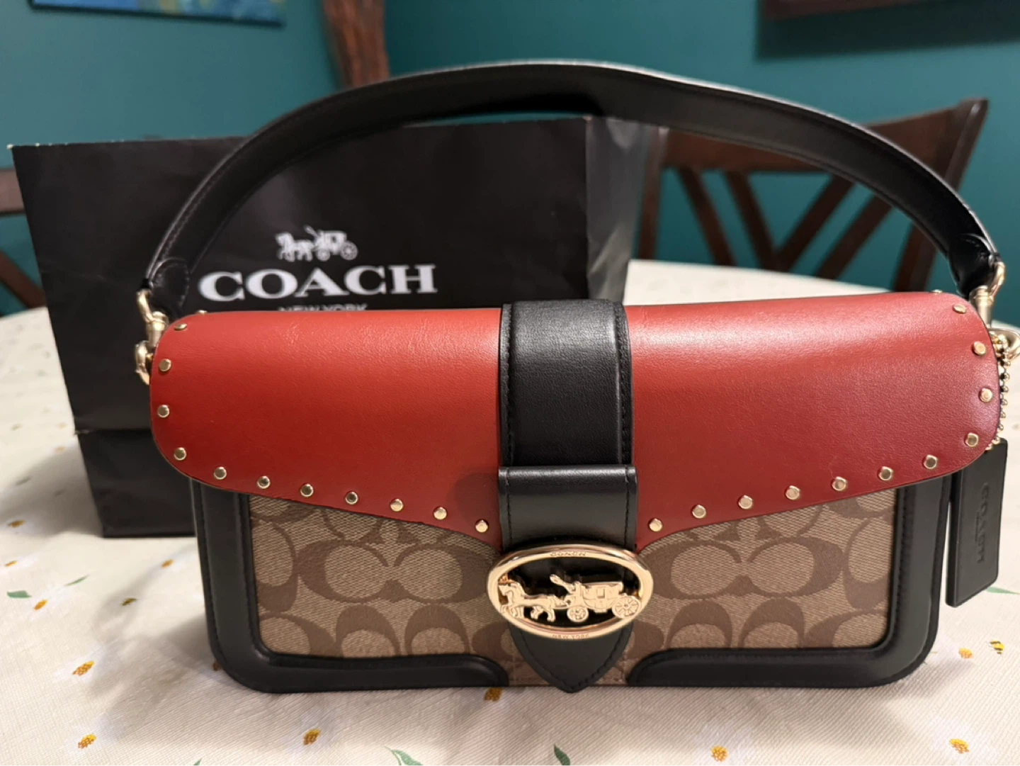 Coach Signature Shoulder Bag - Red/Black/Tan
