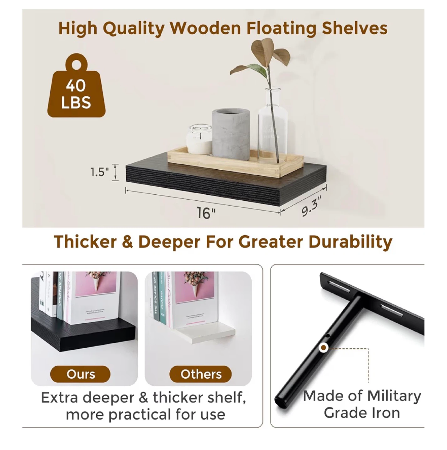 Black Wooden Floating Shelves Set of 4 - photo 3