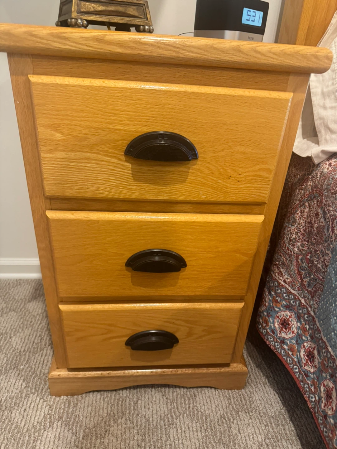 Oak Wood Nightstand with 3 Drawers - photo 2