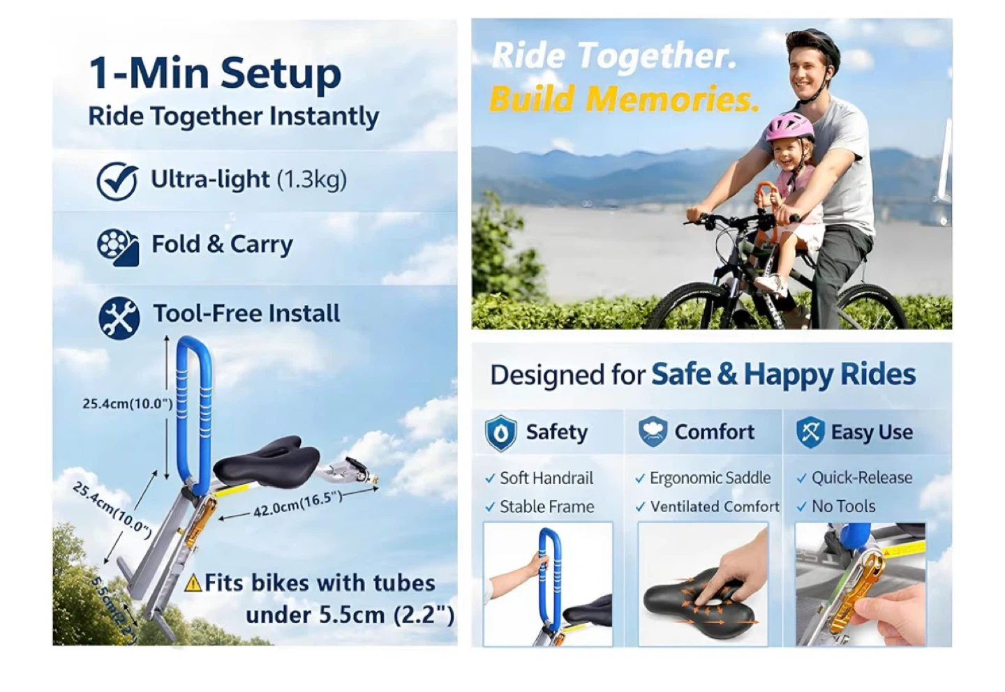 Front Child Bike Seat with Soft Handrail and Ergonomic Saddle - photo 4