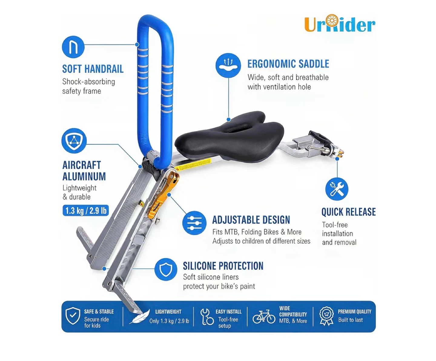 Front Child Bike Seat with Soft Handrail and Ergonomic Saddle - photo 5