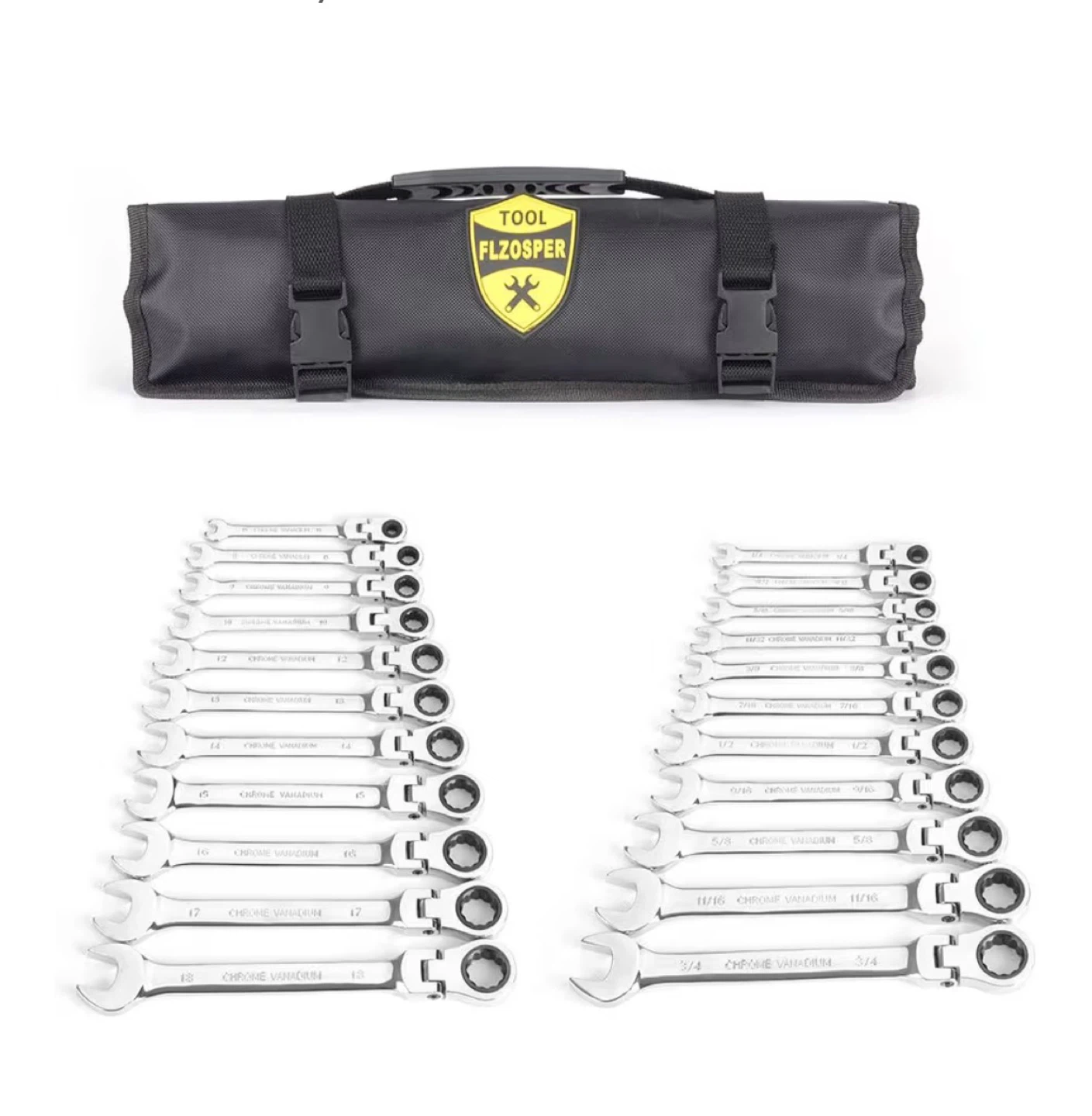 Metric and SAE Ratcheting Wrench Set with Roll-Up Pouch