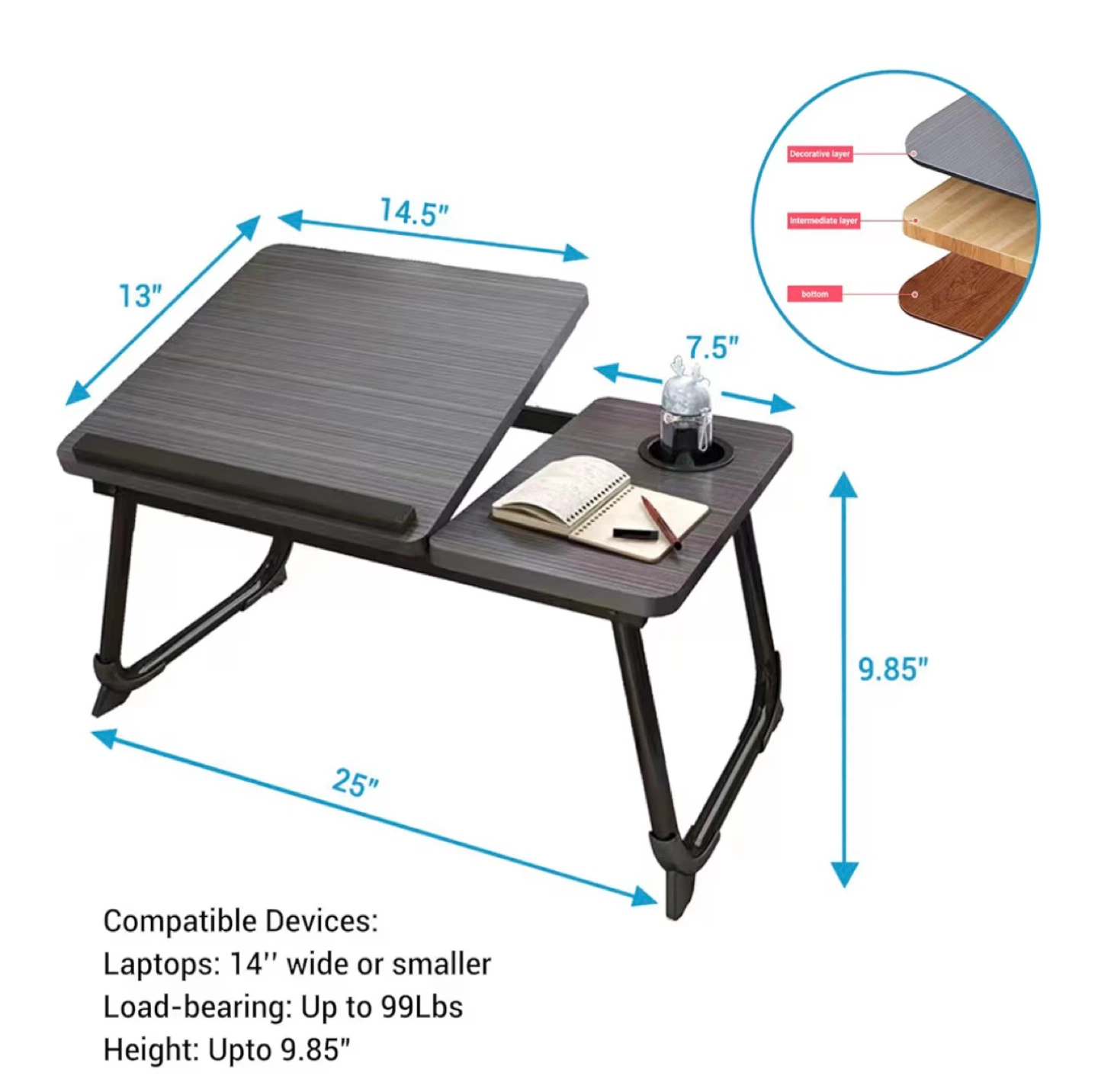 Adjustable Laptop Bed Tray Table with Cup Holder - photo 5