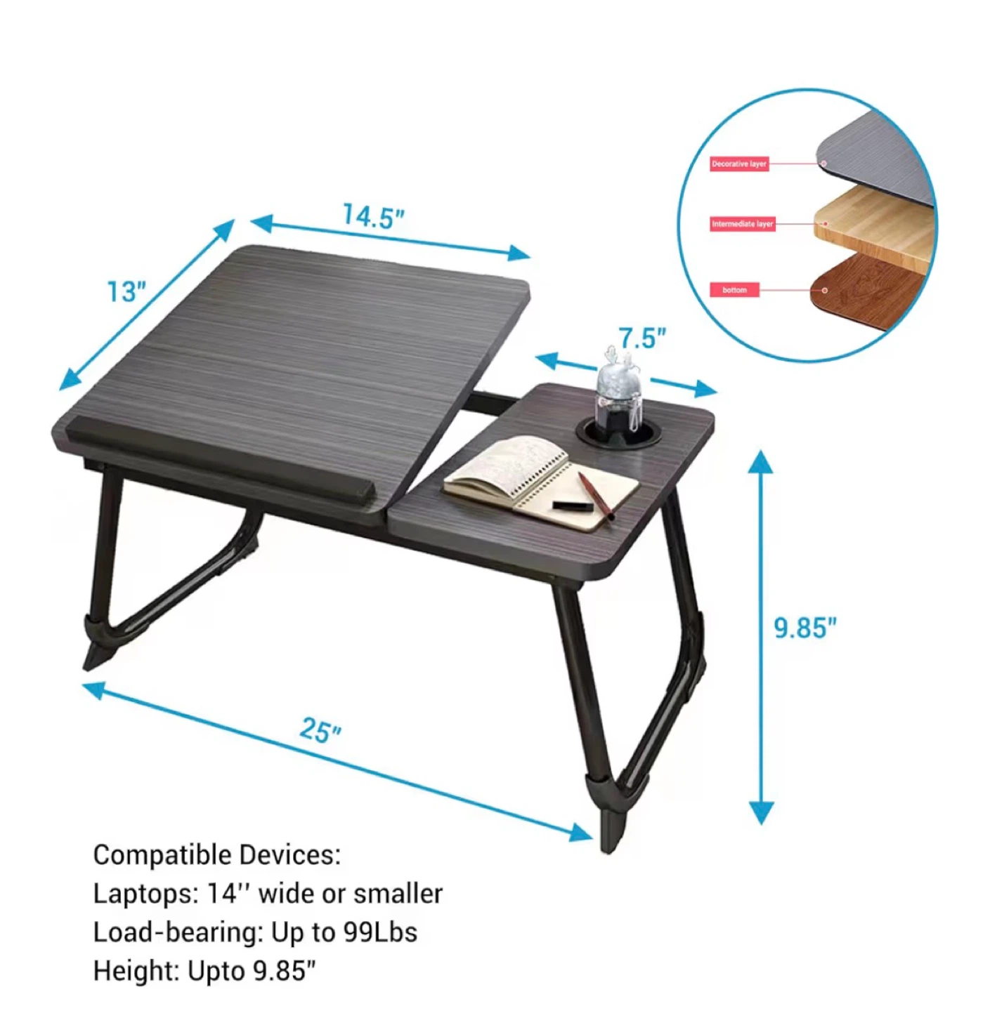 Adjustable Laptop Bed Tray Table with Cup Holder - photo 3