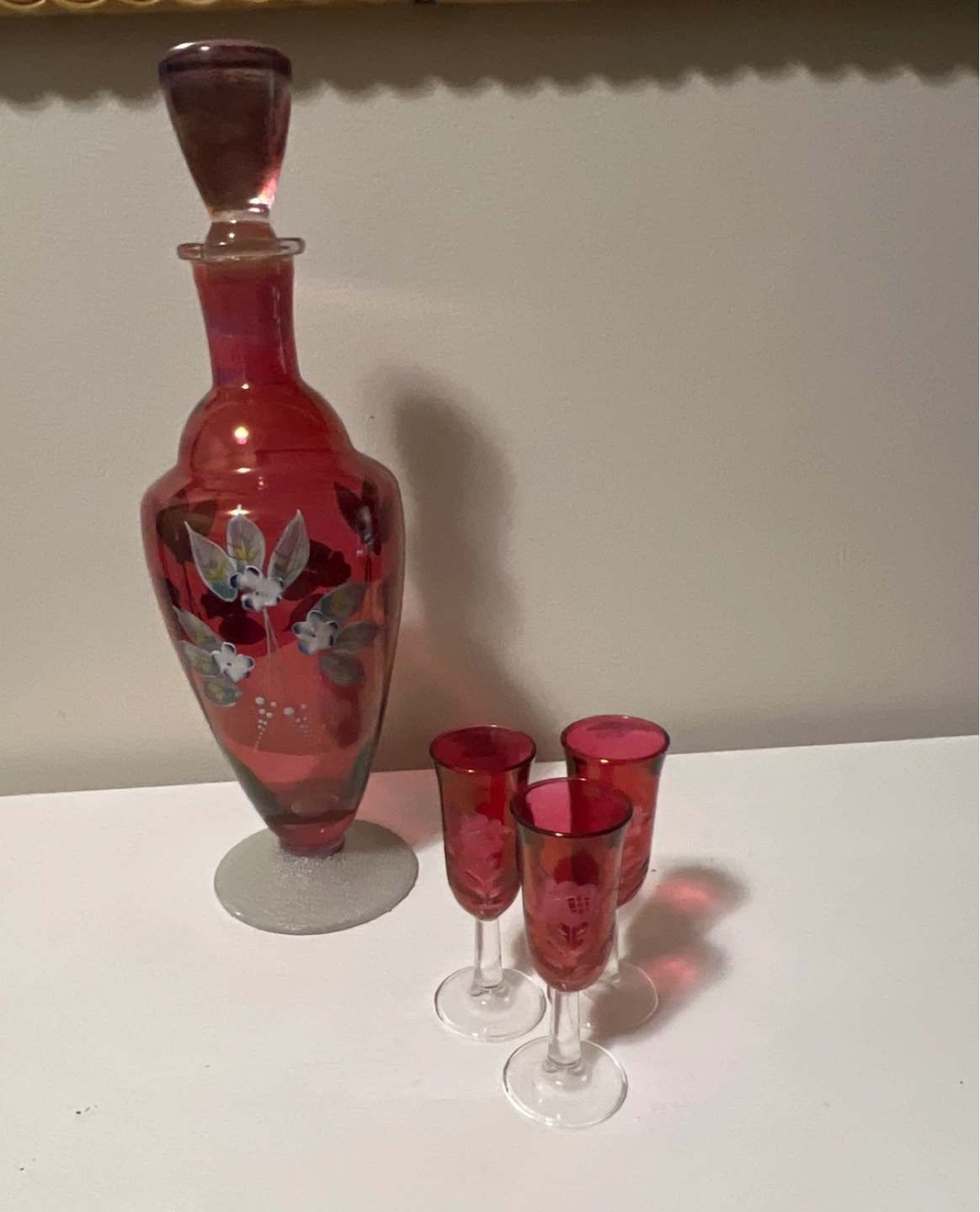 Vintage Cranberry Glass Decanter and Cordial Glasses Set