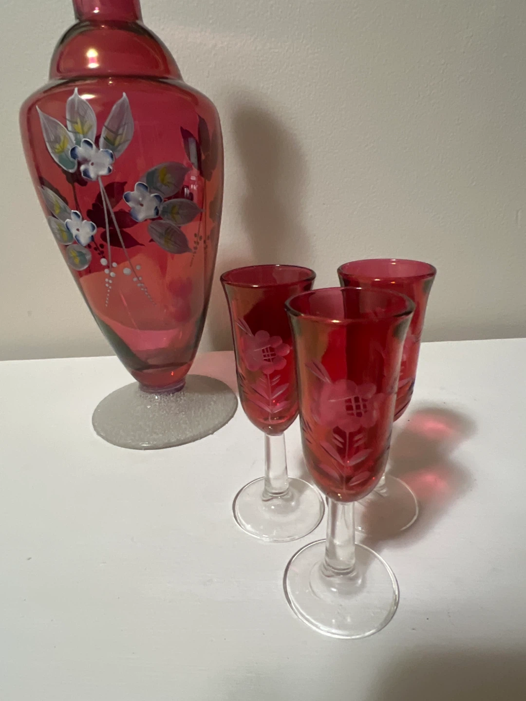 Vintage Cranberry Glass Decanter and Cordial Glasses Set - photo 2