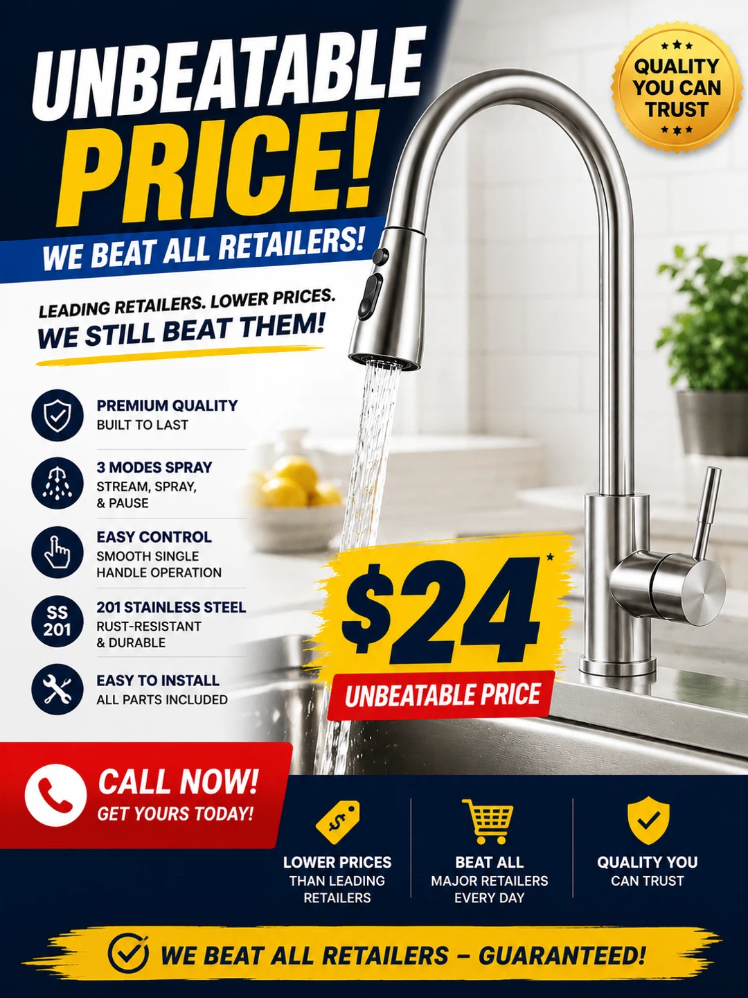 Stainless Steel Kitchen Faucet with 3 Modes - photo 3