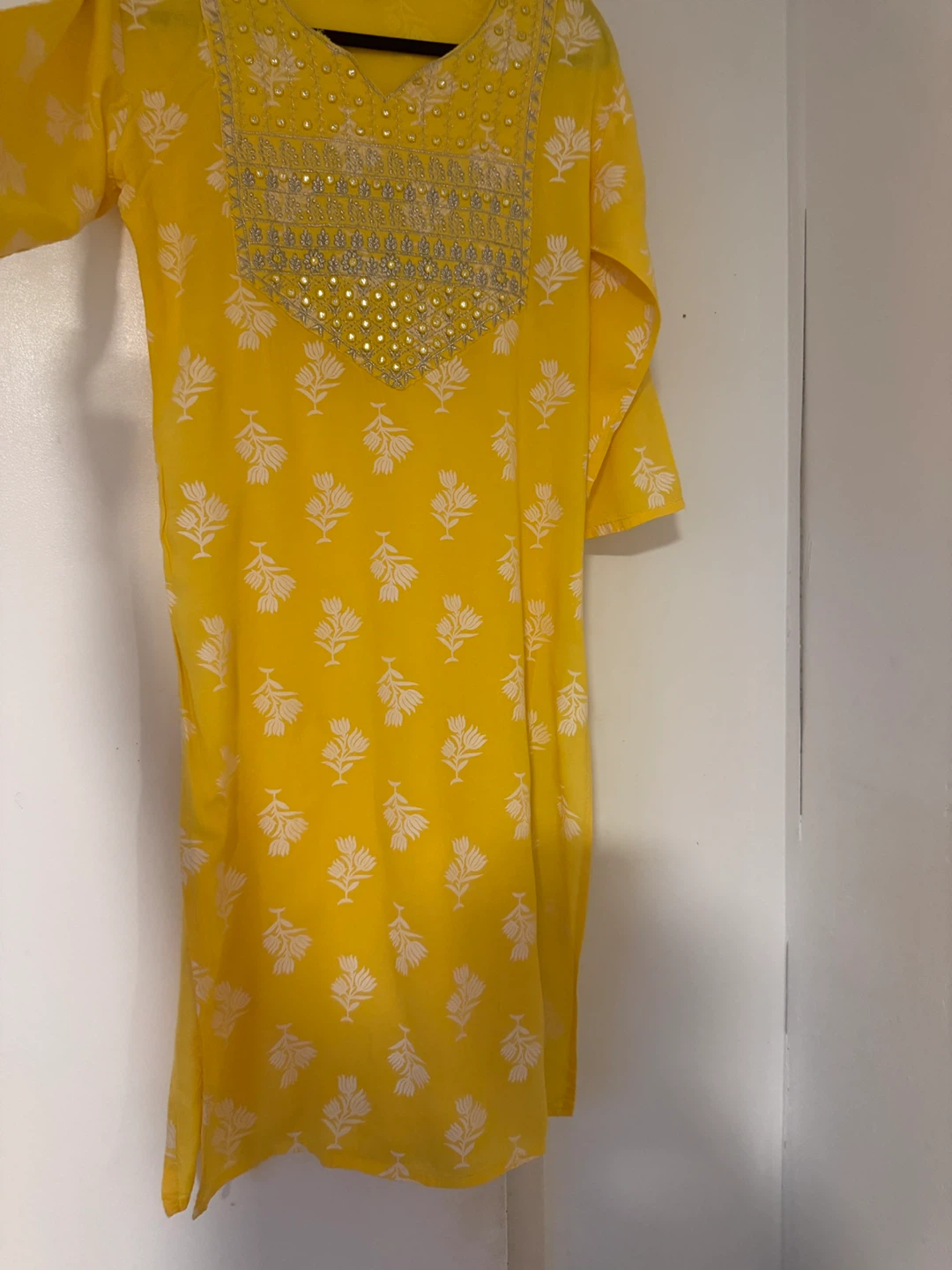 Yellow Kurta with Embellished Neckline and Floral Print