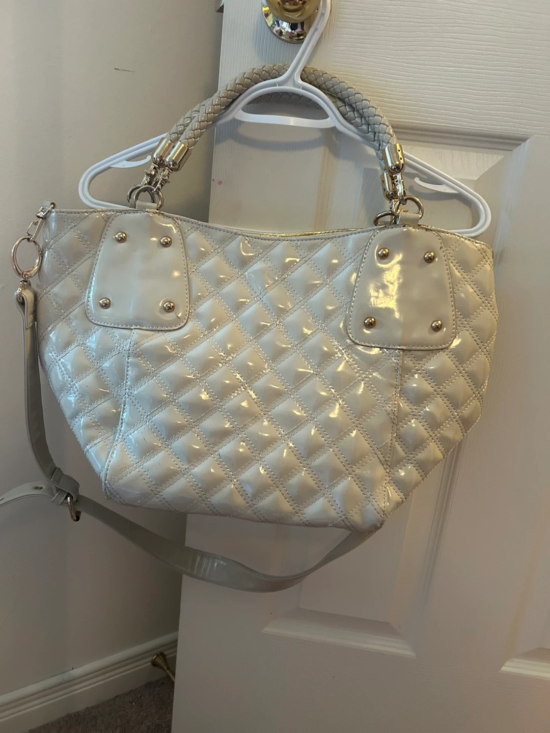 Cream Quilted Patent Handbag with Shoulder Strap