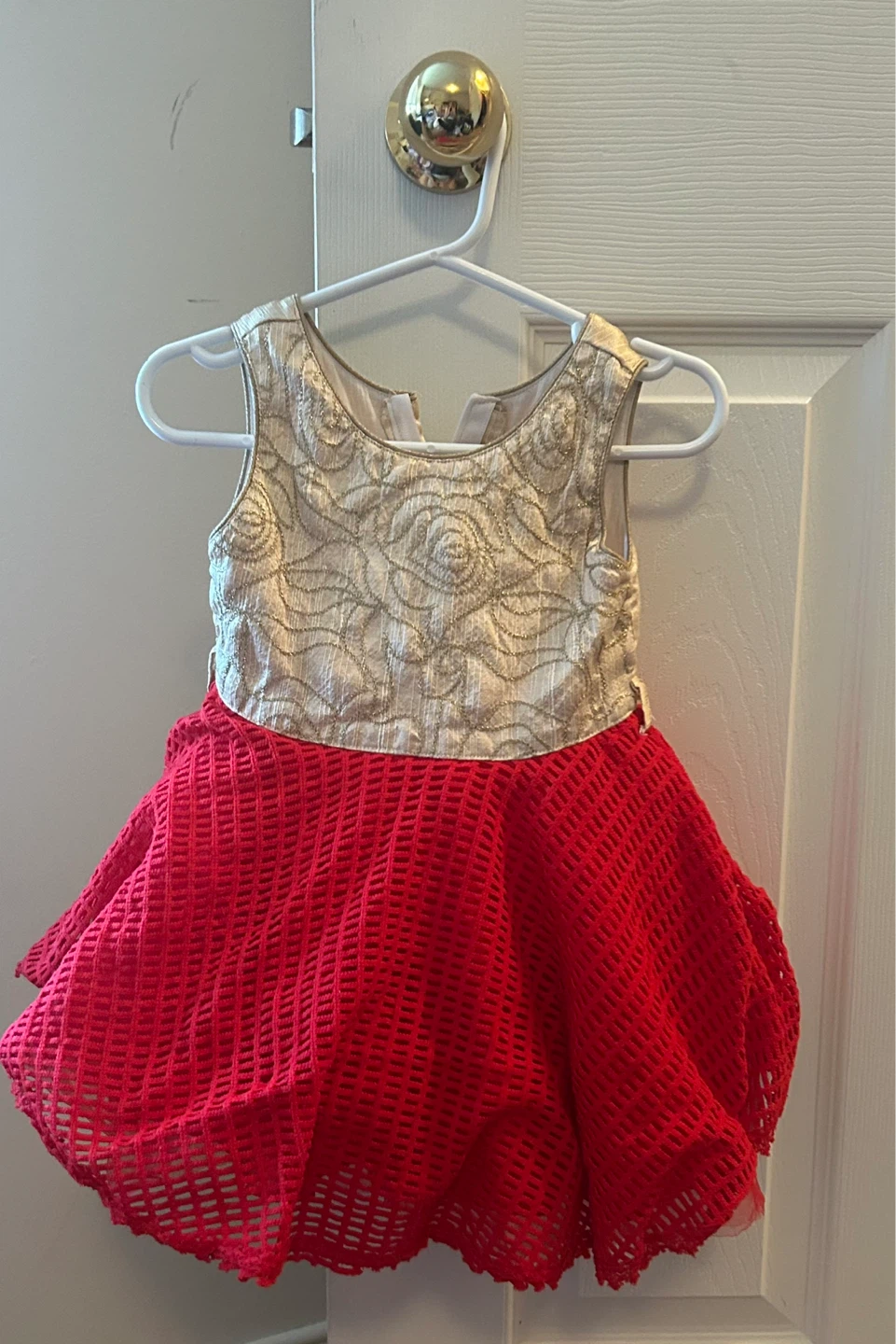 Toddler Girls Gold Embroidered Top & Red Mesh Skirt Dress