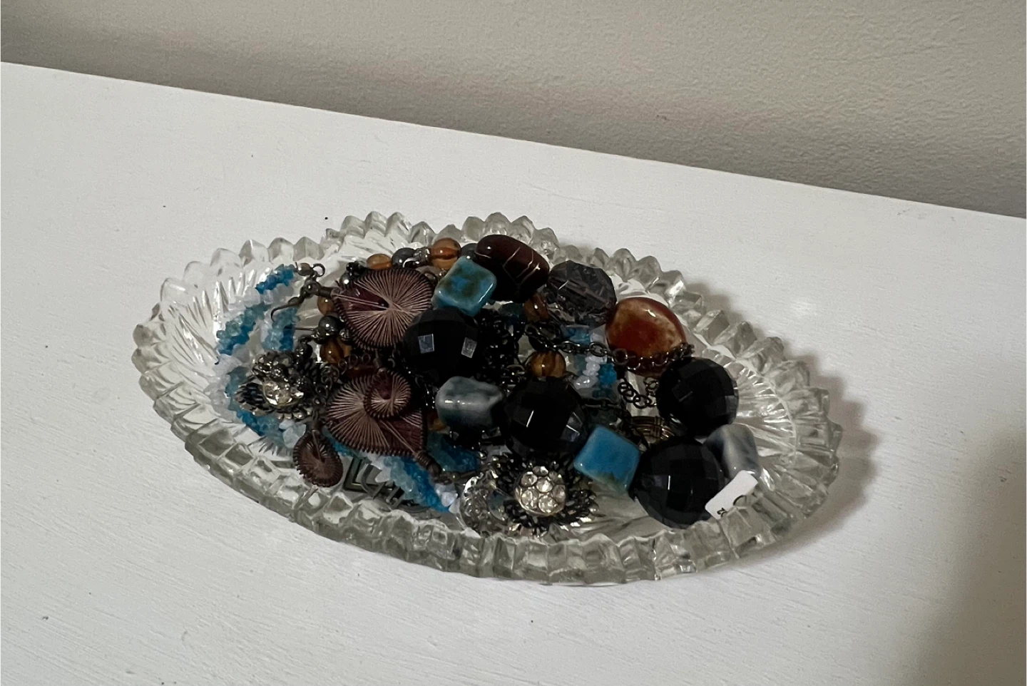 American Brilliant Cut Glass Trinket Dish with Costume Jewellery