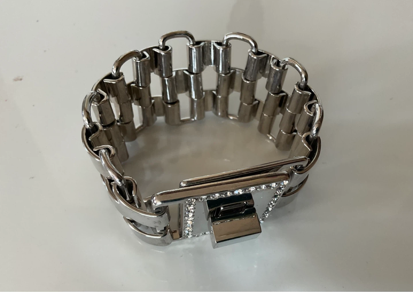 Silver Tone Link Bracelet with Rhinestone Clasp