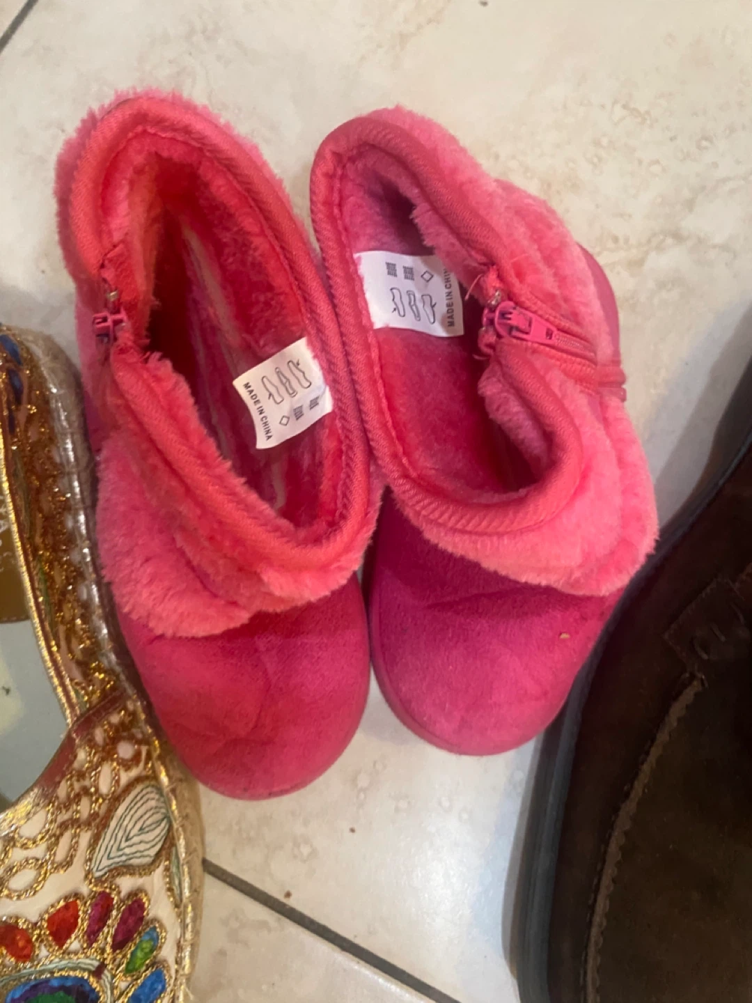 Pink Fuzzy Boot Slippers with Zipper