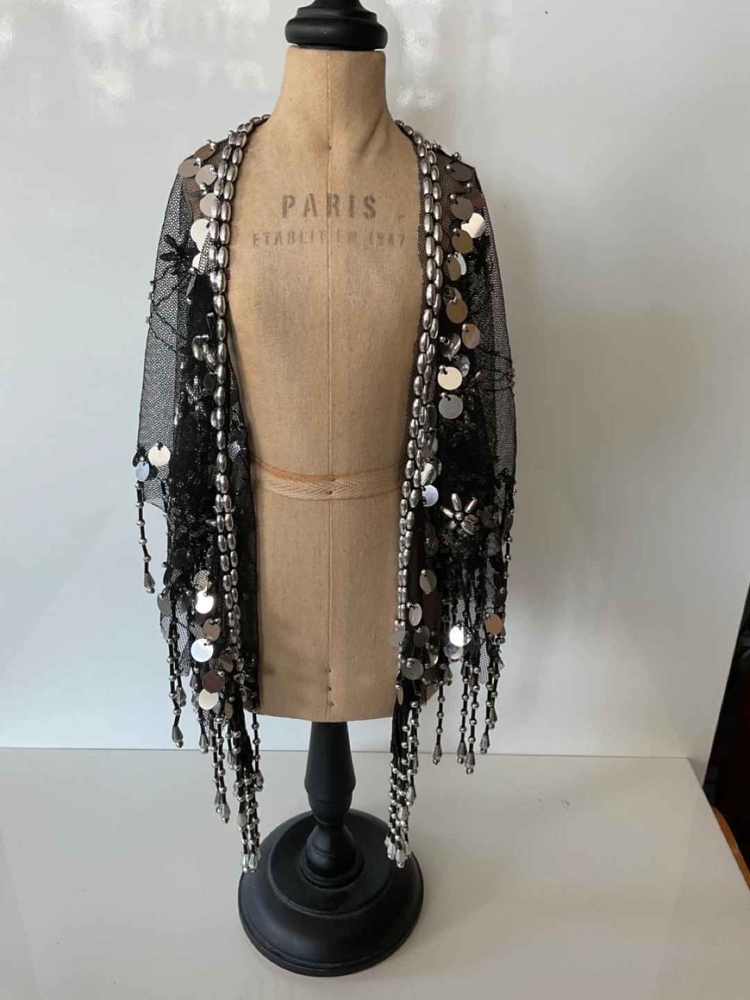Vintage Black Beaded Mesh Shawl/Capelet with Silver Sequins