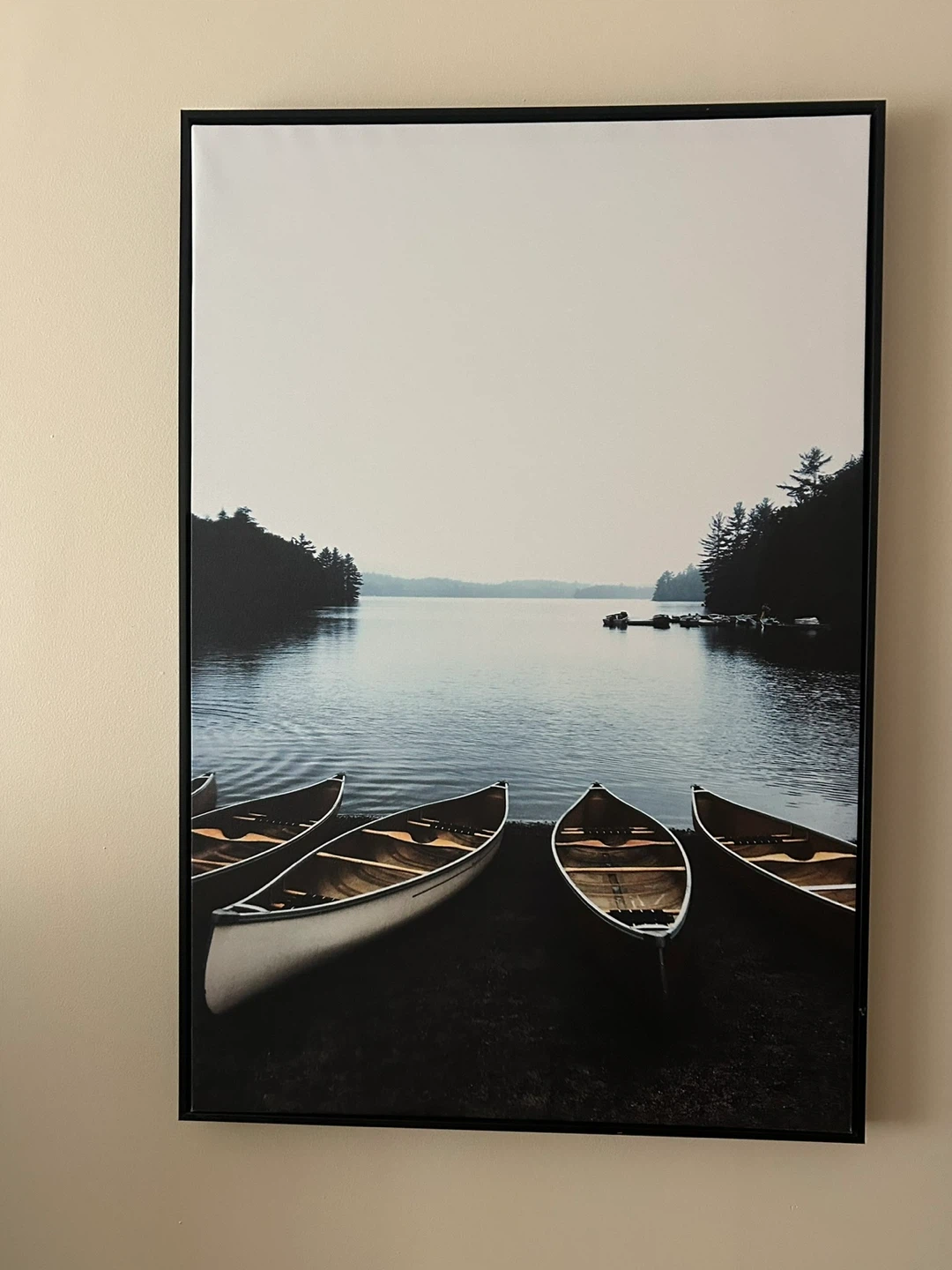 Framed Canvas Print - Canoes by the Lake