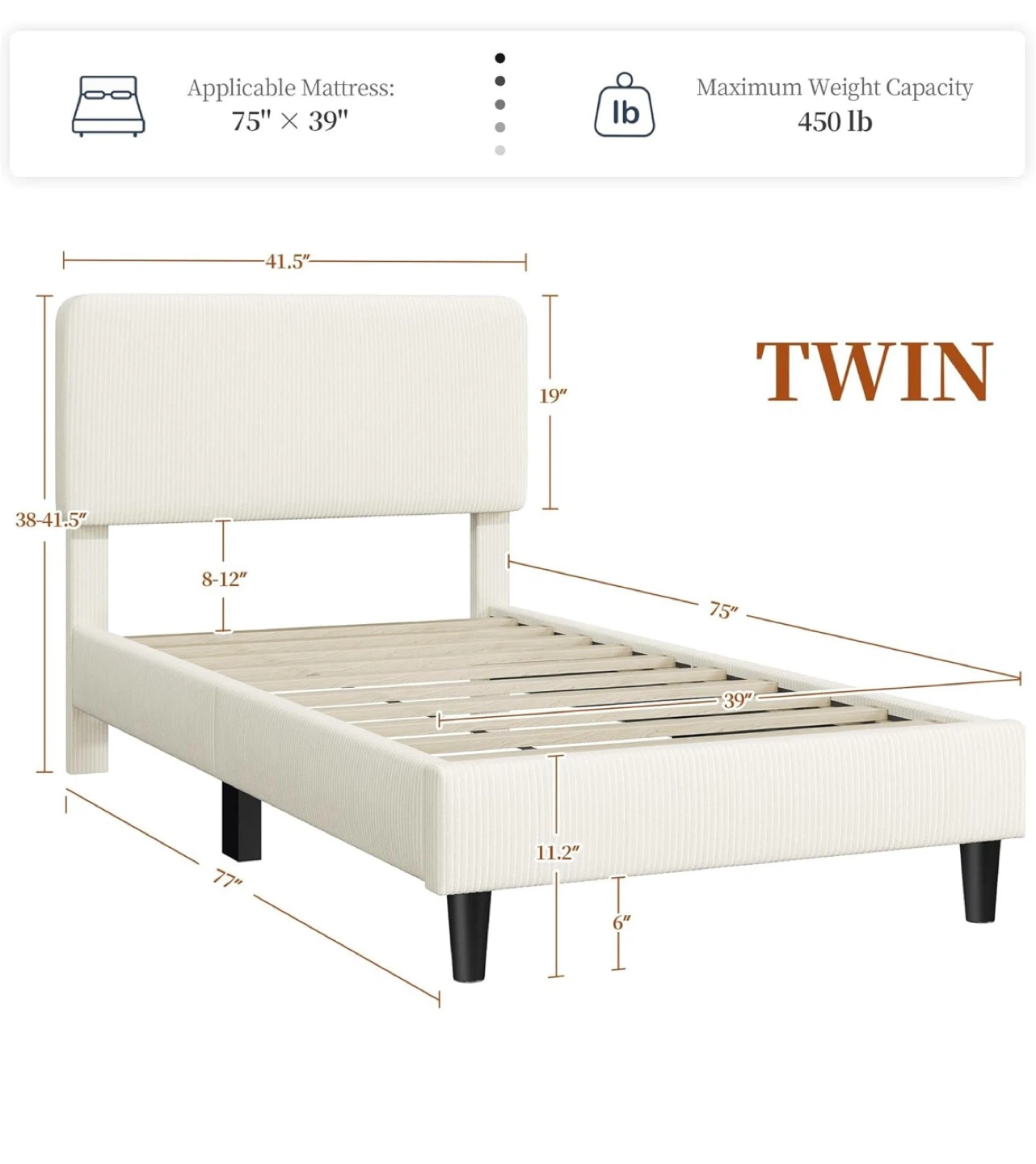 Twin Bed Frame with Adjustable Headboard - Cream - photo 3