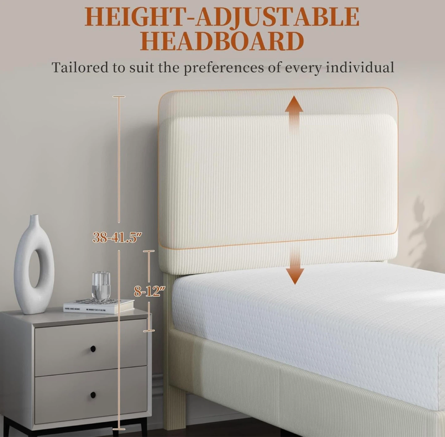 Twin Bed Frame with Adjustable Headboard - Cream - photo 2