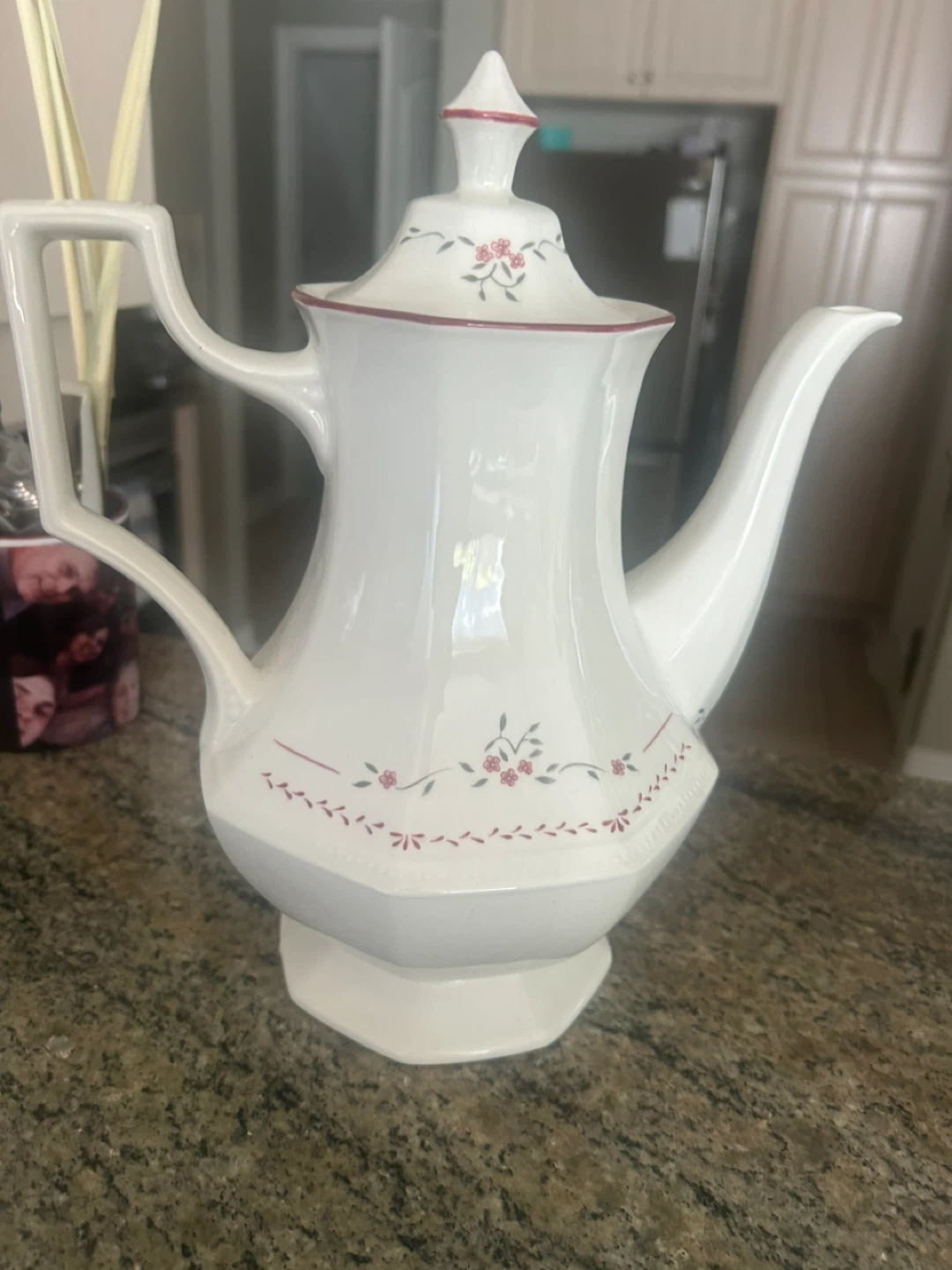 White Ceramic Coffee Pot with Floral Design