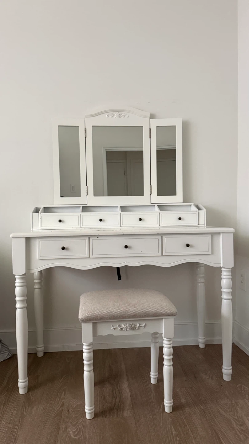 White Vanity Set with Tri-Fold Mirror and Stool