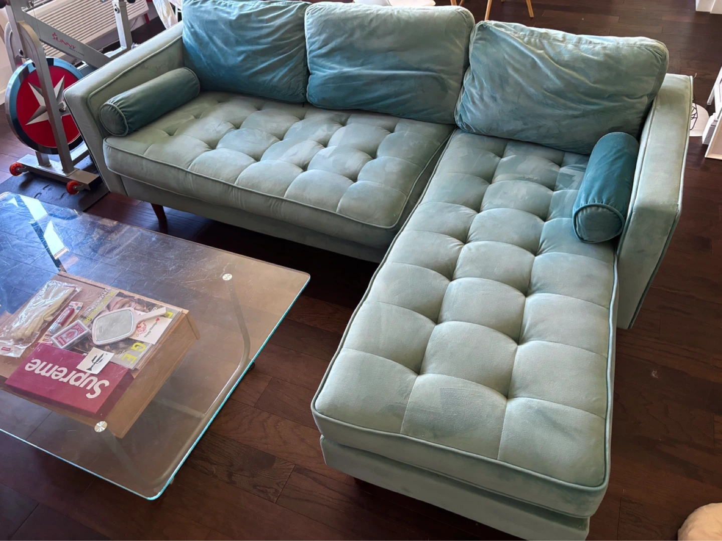 Teal Velvet Sectional Sofa with Tufted Cushions
