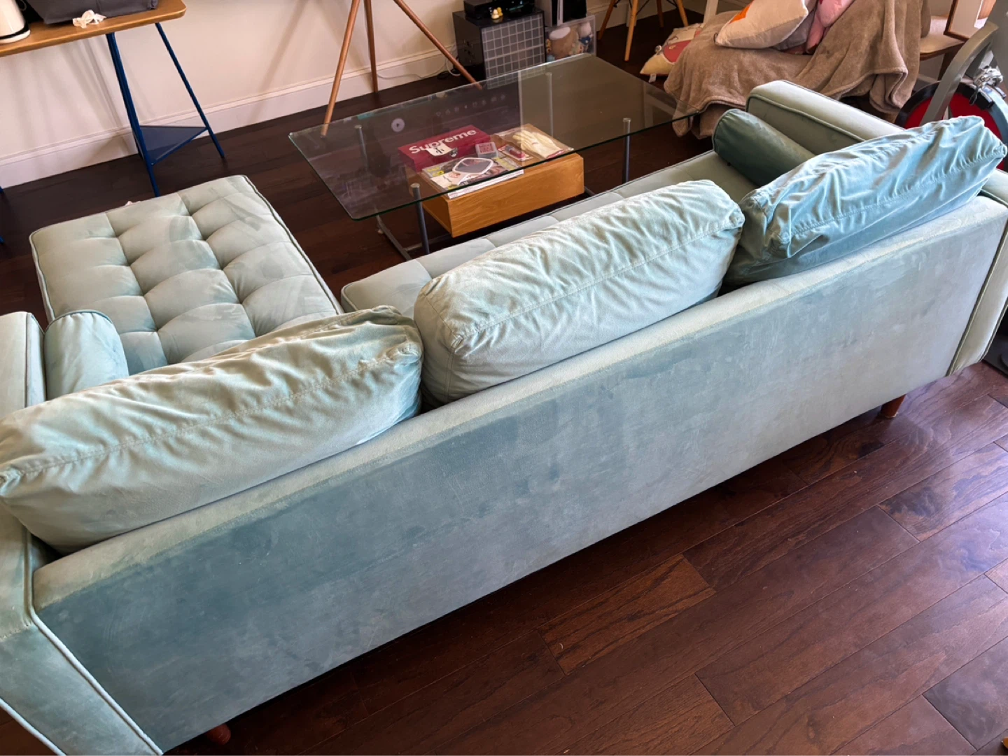 Teal Velvet Sectional Sofa with Tufted Cushions - photo 2