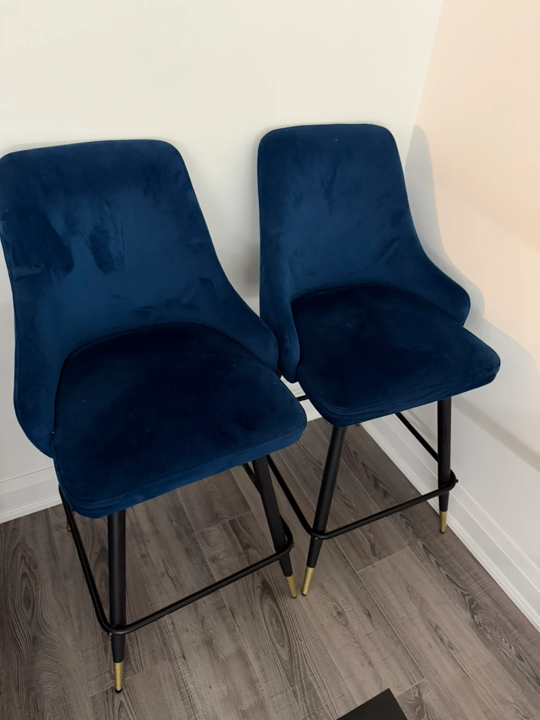 Set of 2 Navy Velvet Bar Stools with Gold Accents
