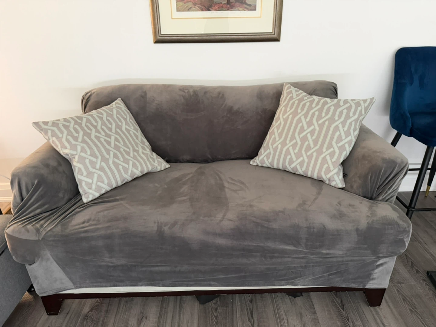 Love seat sofa with geometric pillows and grey velvet slipcover