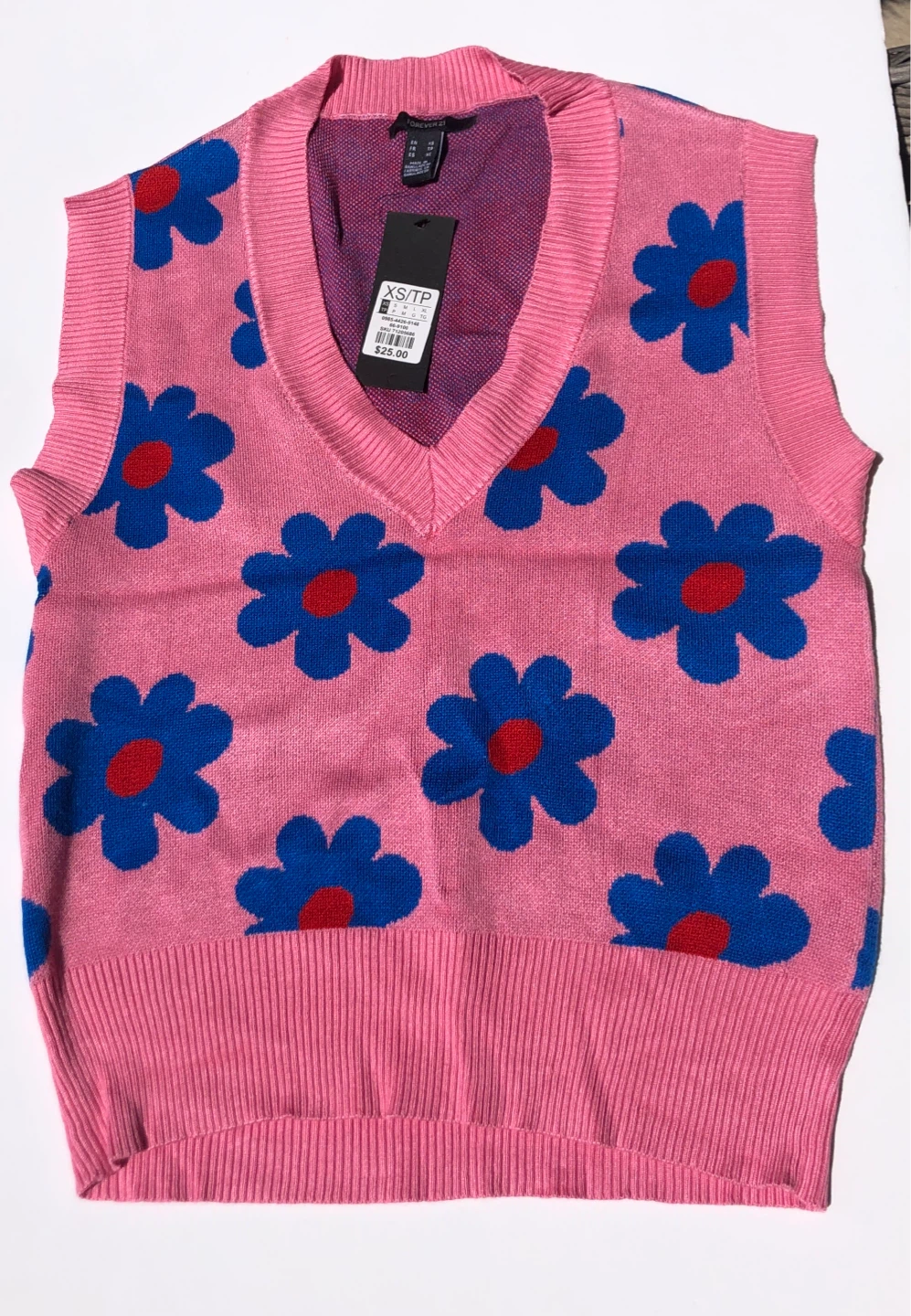 Forever 21 Pink Floral V-Neck Sweater Vest XS/TP
