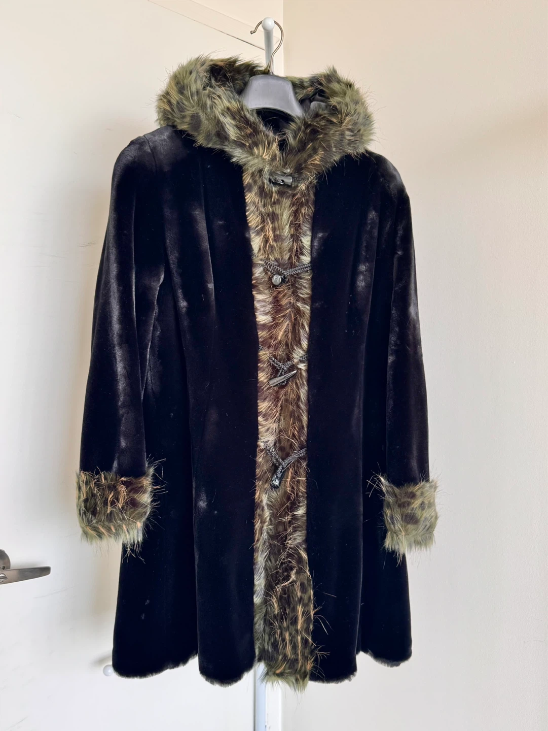 Vintage Black Faux Fur Hooded Coat