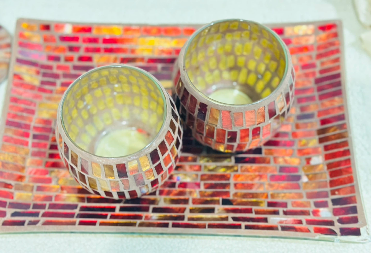 Mosaic Tray with Candle Holders and Metal Flowers