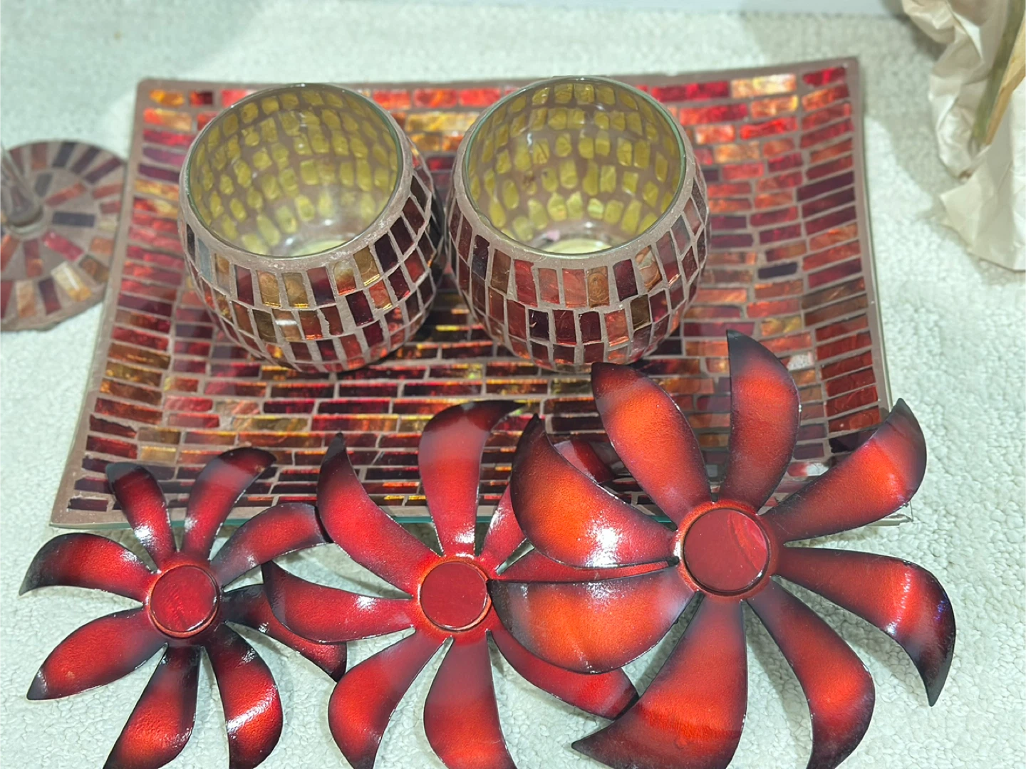Mosaic Tray with Candle Holders and Metal Flowers - photo 2