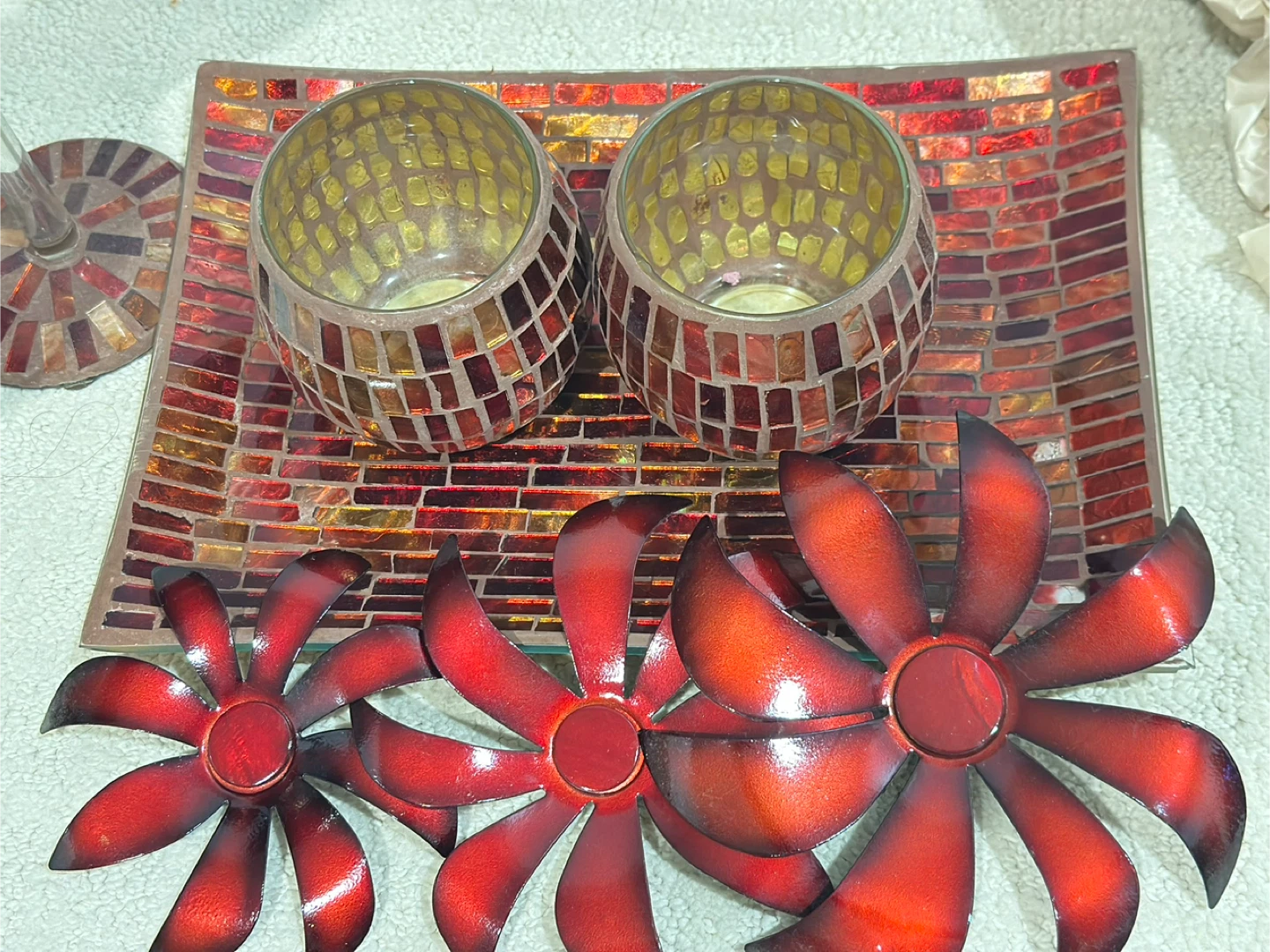 Mosaic Tray with Candle Holders and Metal Flowers - photo 3