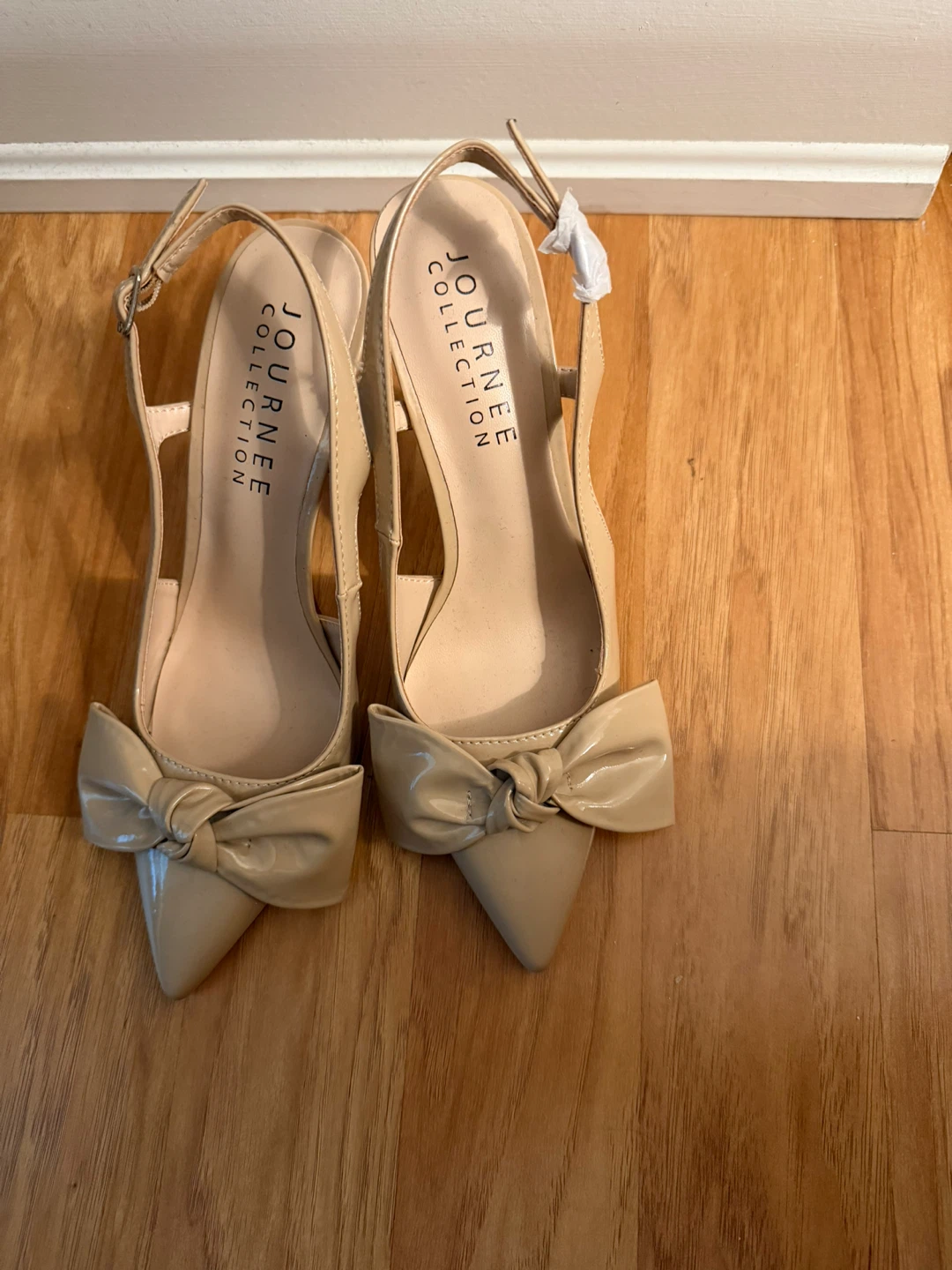 Journee Collection Beige Patent Bow Slingback Heels