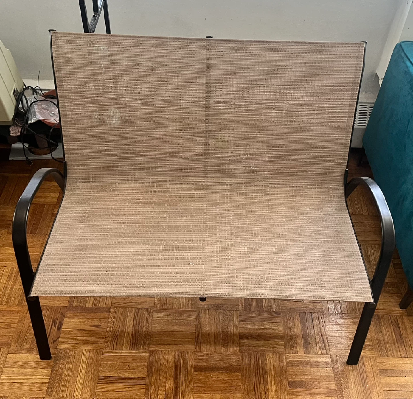 Outdoor Loveseat with Tan Sling Fabric